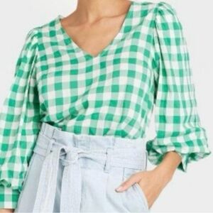 A NEW DAY - Green Plaid V-Neck Blouse